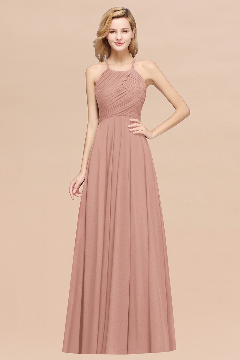 Pink Halter Chiffon A-Line Long Bridesmaid Dress with Ruching