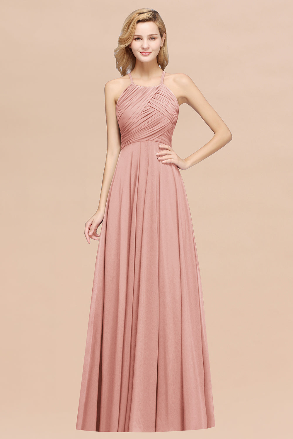 Pink Halter Chiffon A-Line Long Bridesmaid Dress with Ruching