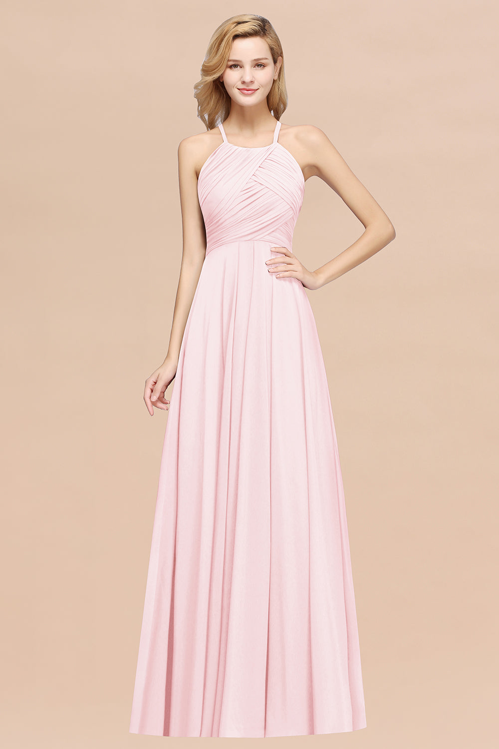 Pink Halter Chiffon A-Line Long Bridesmaid Dress with Ruching