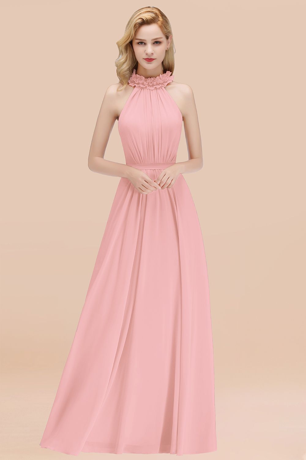 Pink High Neck Chiffon A-Line Long Bridesmaid Dress