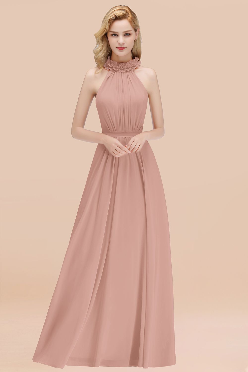 Pink High Neck Chiffon A-Line Long Bridesmaid Dress
