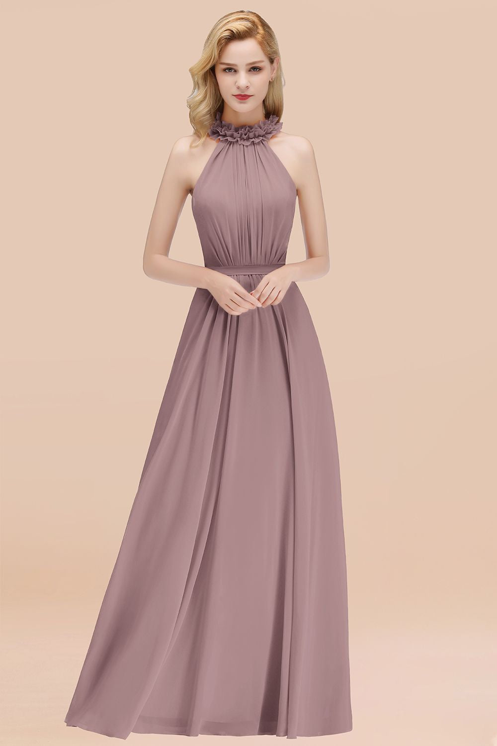Pink High Neck Chiffon A-Line Long Bridesmaid Dress