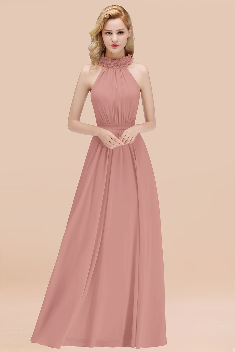 Pink High Neck Chiffon A-Line Long Bridesmaid Dress