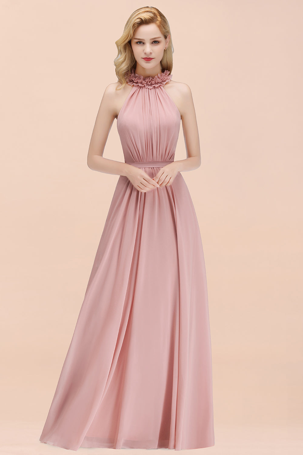 Pink High Neck Chiffon A-Line Long Bridesmaid Dress