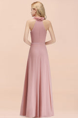 Pink High Neck Chiffon A-Line Long Bridesmaid Dress Back View