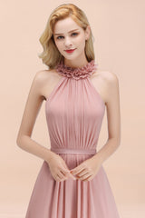 Pink High Neck Chiffon A-Line Long Bridesmaid Dress Bodice Detail