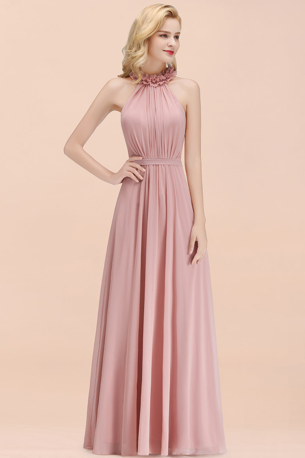 Pink High Neck Chiffon A-Line Long Bridesmaid Dress Side View