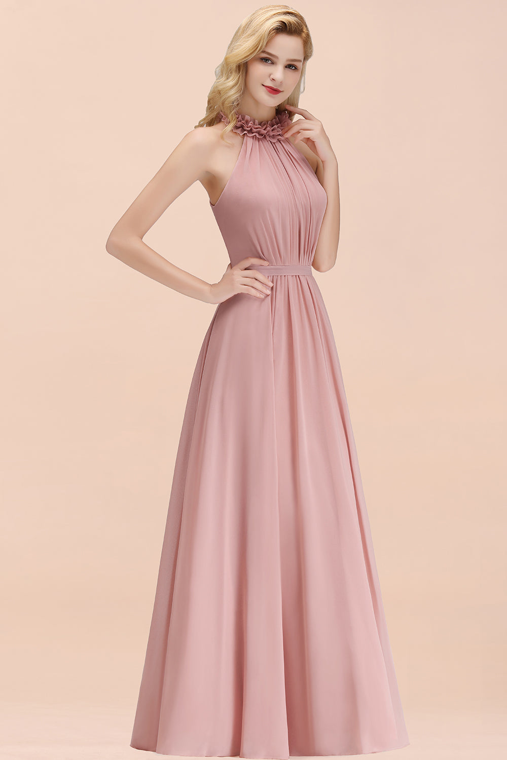 Pink High Neck Chiffon A-Line Long Bridesmaid Dress Side View