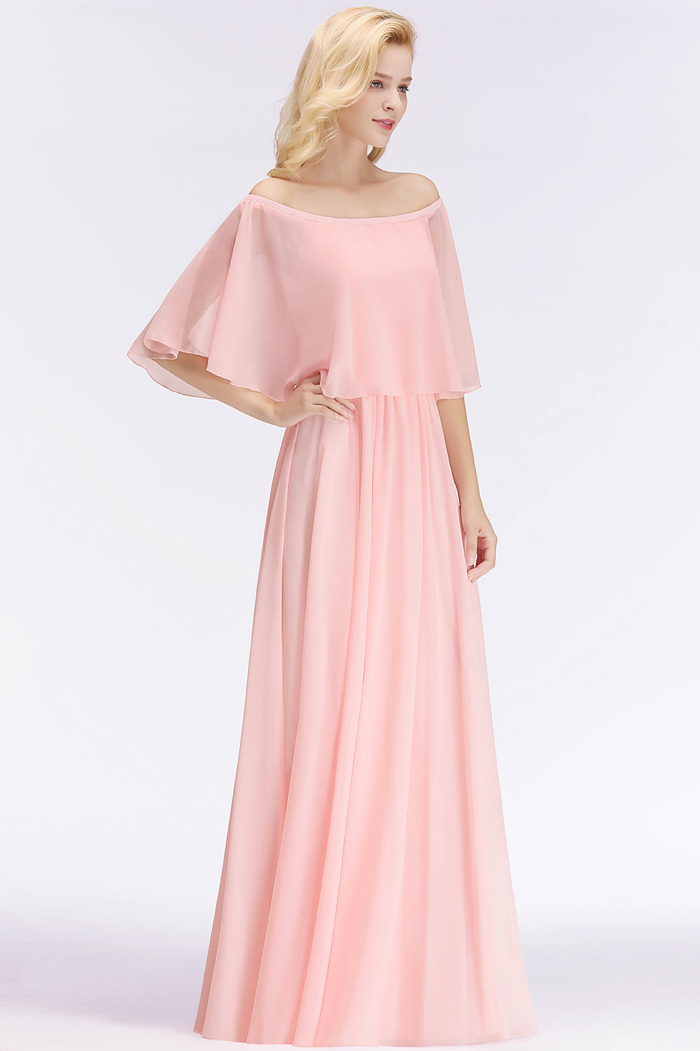 Pink Off The Shoulder Chiffon A-Line Long Bridesmaid Dress