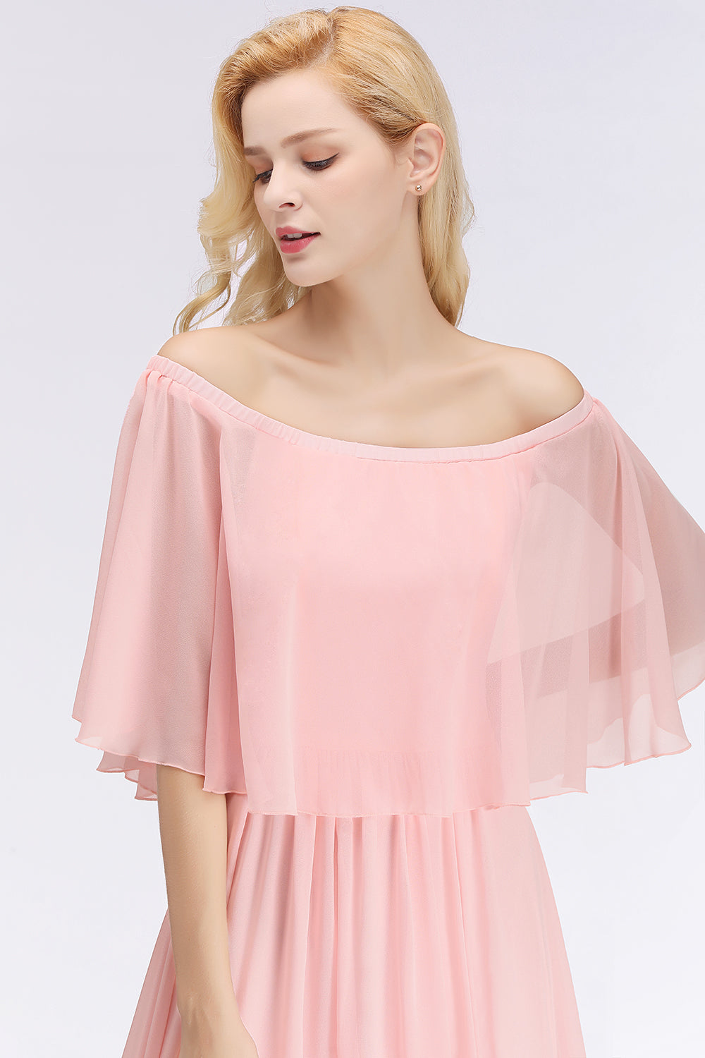 Pink Off The Shoulder Chiffon A-Line Long Bridesmaid Dress Bodice Detail