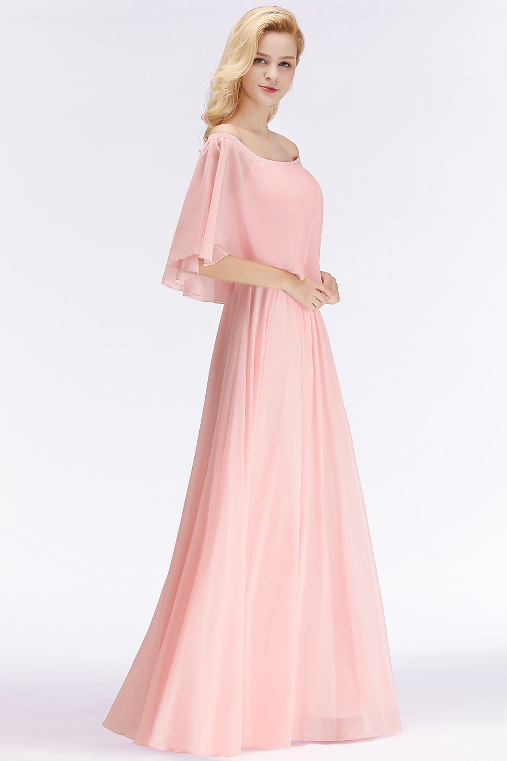 Pink Off The Shoulder Chiffon A-Line Long Bridesmaid Dress Side View
