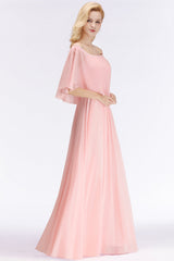 Pink Off The Shoulder Chiffon A-Line Long Bridesmaid Dress Side View