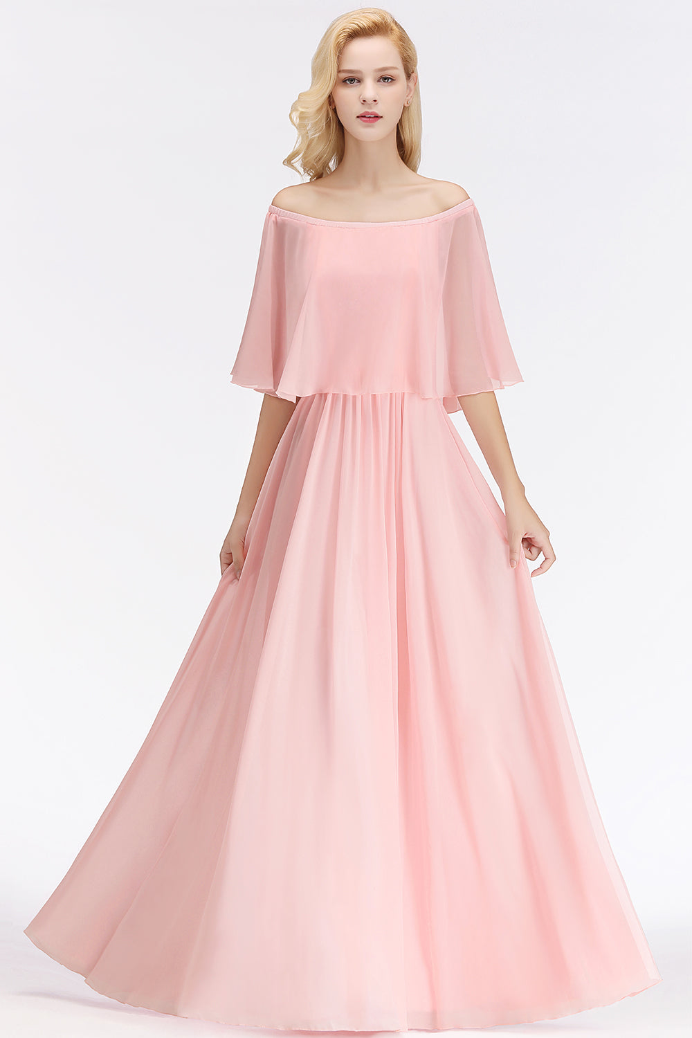 Pink Off The Shoulder Chiffon A-Line Long Bridesmaid Dress