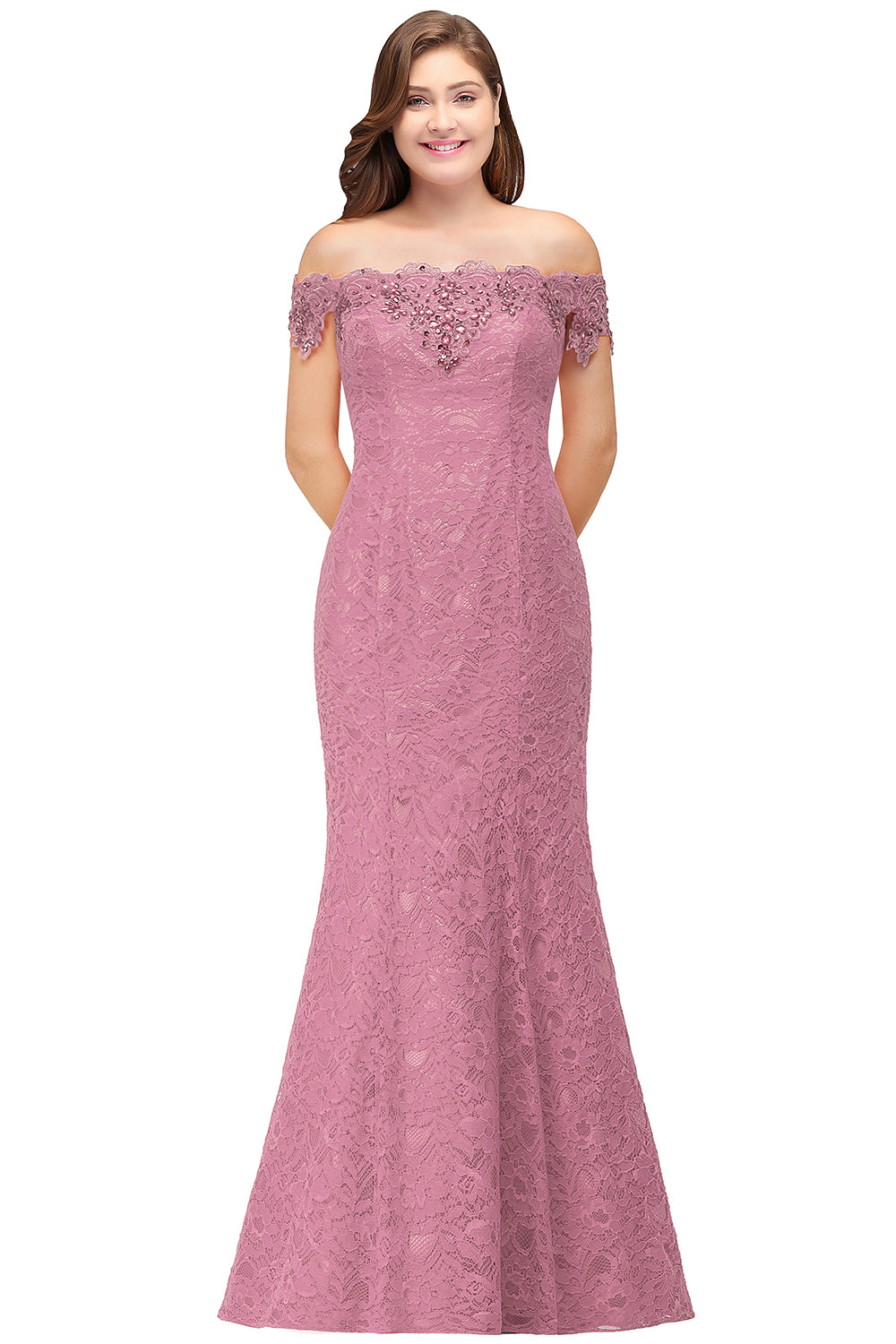 Pink Off The Shoulder Lace Mermaid Long Prom Dress