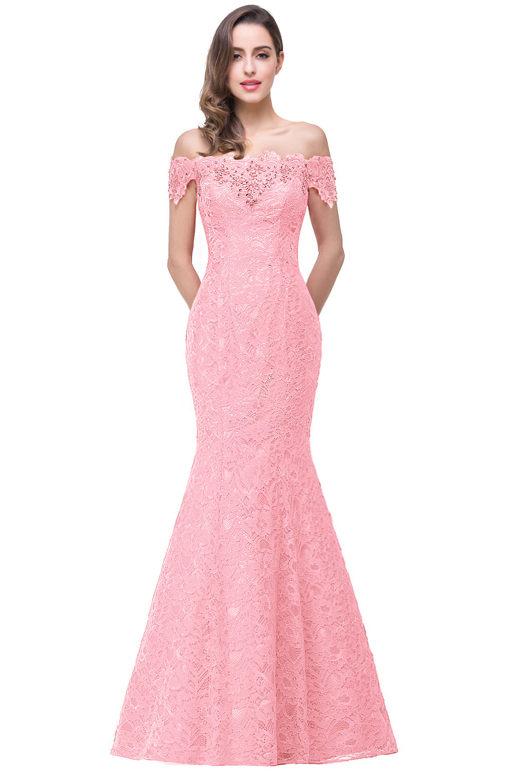 Pink Off The Shoulder Lace Mermaid Long Prom Dress