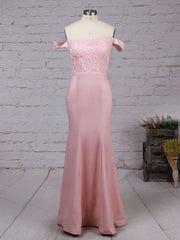 Pink Off The Shoulder Mermaid Long Prom Dress with Lace Appliques and Sweep Train