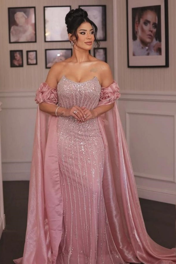 Pink Off The Shoulder Sequin Mermaid Long Evening Dress