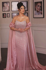 Pink Off The Shoulder Sequin Mermaid Long Evening Dress
