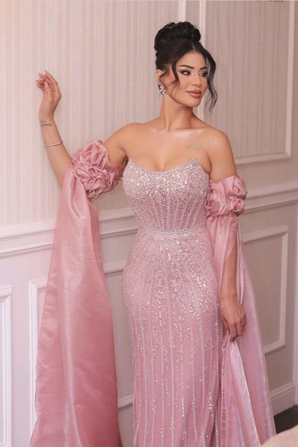 Pink Off The Shoulder Sequin Mermaid Long Evening Dress
