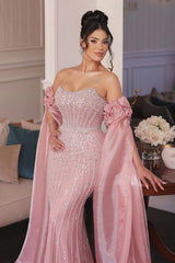 Pink Off The Shoulder Sequin Mermaid Long Evening Dress Bodice Detail