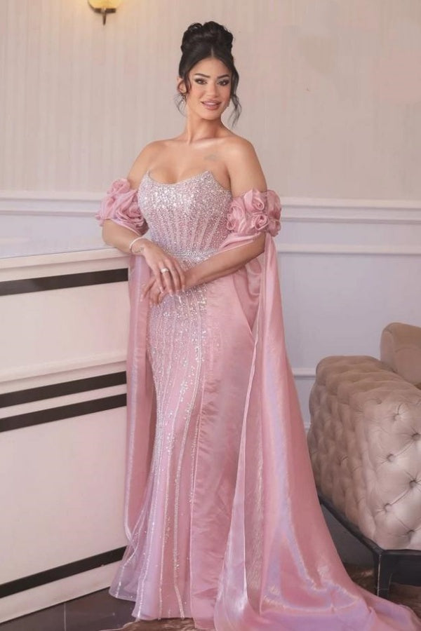 Pink Off The Shoulder Sequin Mermaid Long Evening Dress