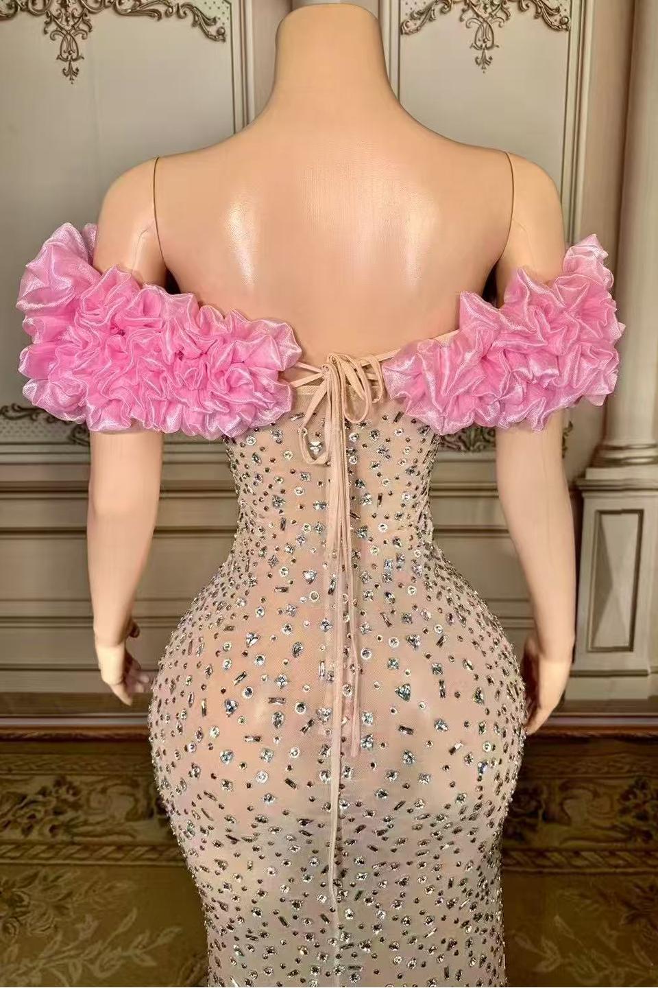 Pink Off The Shoulder Sheath Long Evening Dress with Slit Back Detail
