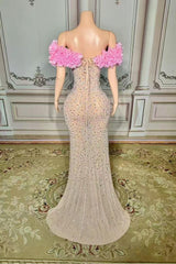 Pink Off The Shoulder Sheath Long Evening Dress with Slit Back View