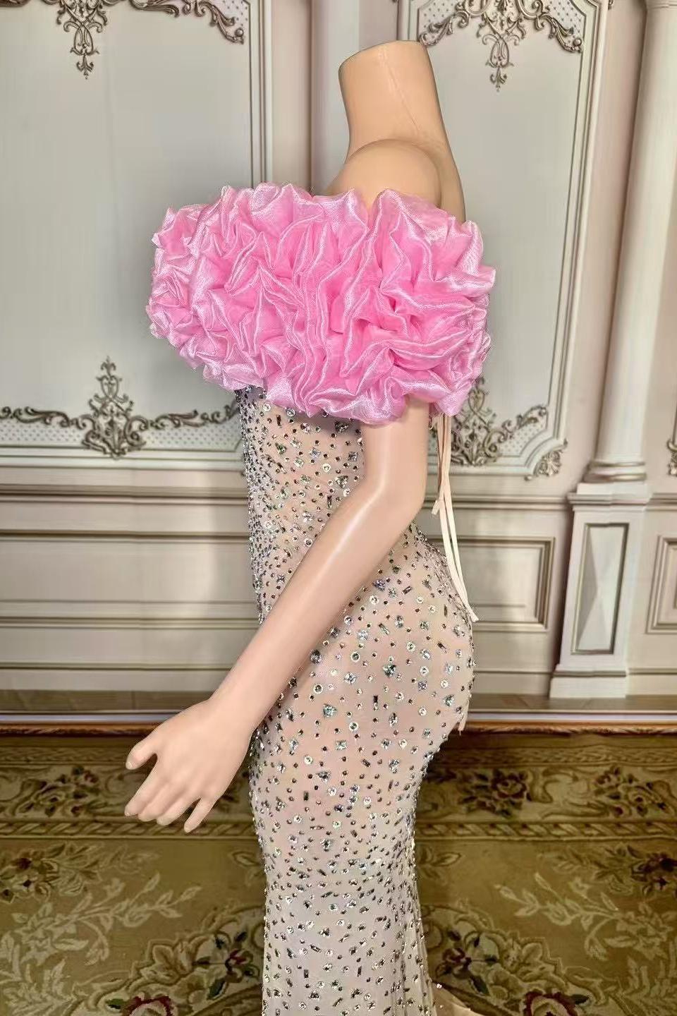 Pink Off The Shoulder Sheath Long Evening Dress with Slit Bodice Detail