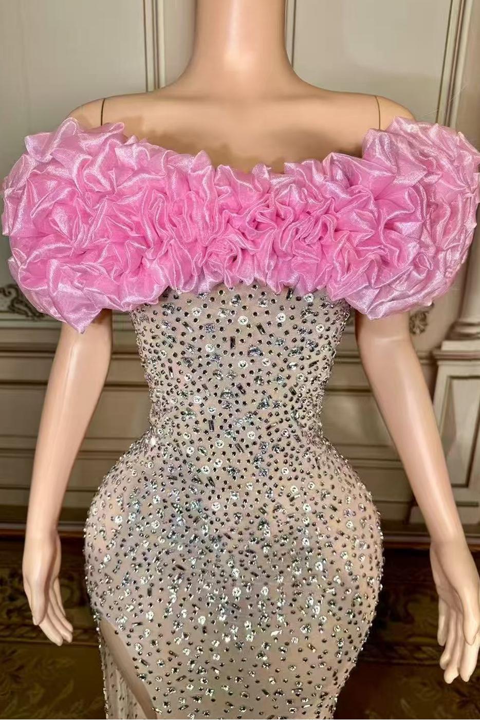 Pink Off The Shoulder Sheath Long Evening Dress with Slit Bodice Detail