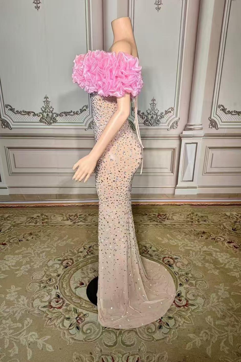 Pink Off The Shoulder Sheath Long Evening Dress with Slit Side View