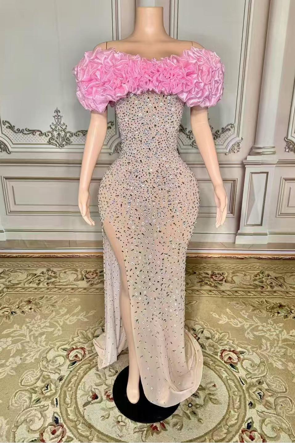 Pink Off The Shoulder Sheath Long Evening Dress with Slit