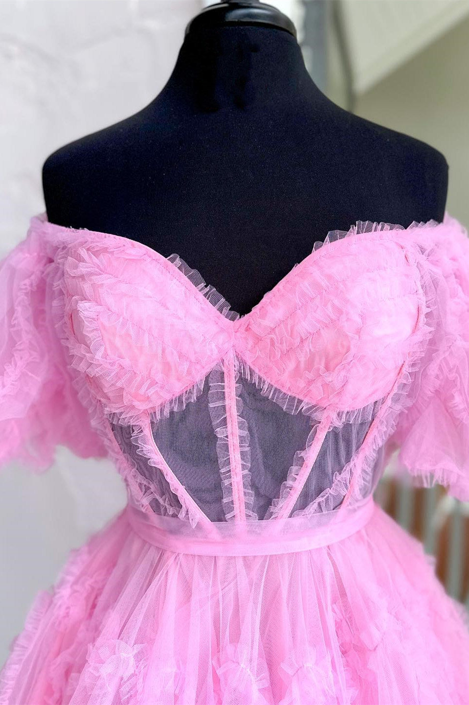 Pink Off The Shoulder Tulle A-Line Homecoming Dress Bodice Detail