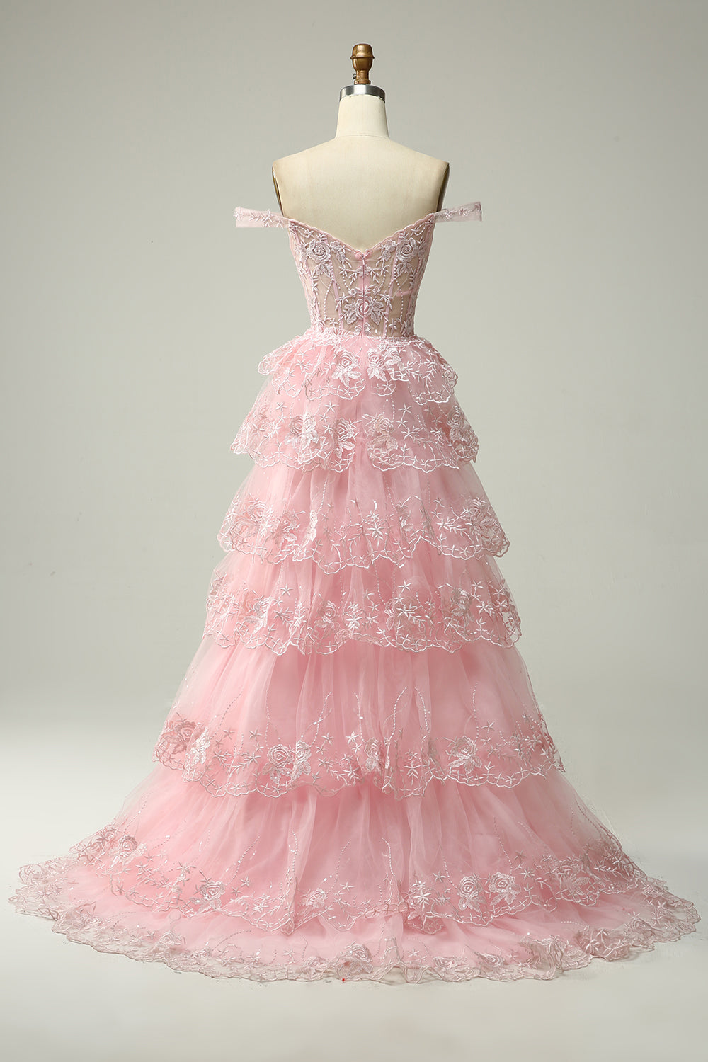 Pink Off The Shoulder Tulle A-Line Long Prom Dress with Slit Back View