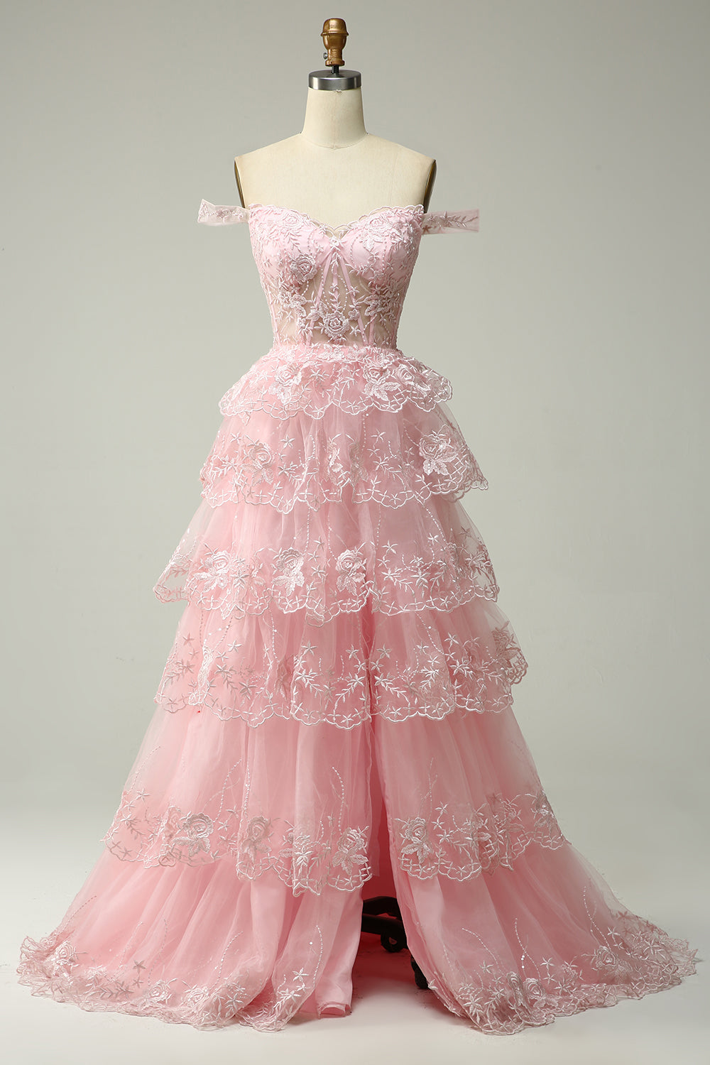 Pink Off The Shoulder Tulle A-Line Long Prom Dress with Slit