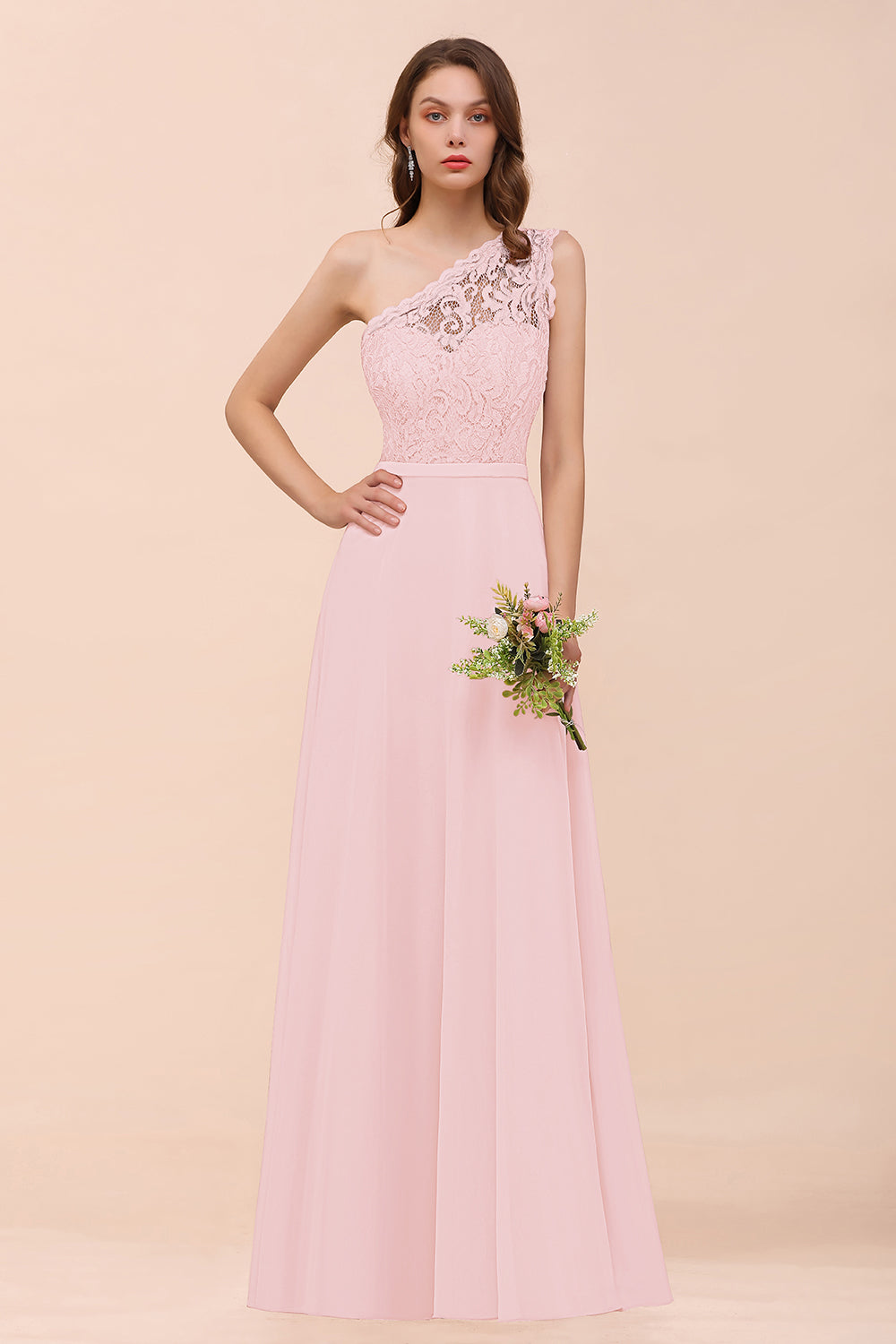 Pink One Shoulder Chiffon A-Line Long Bridesmaid Dress
