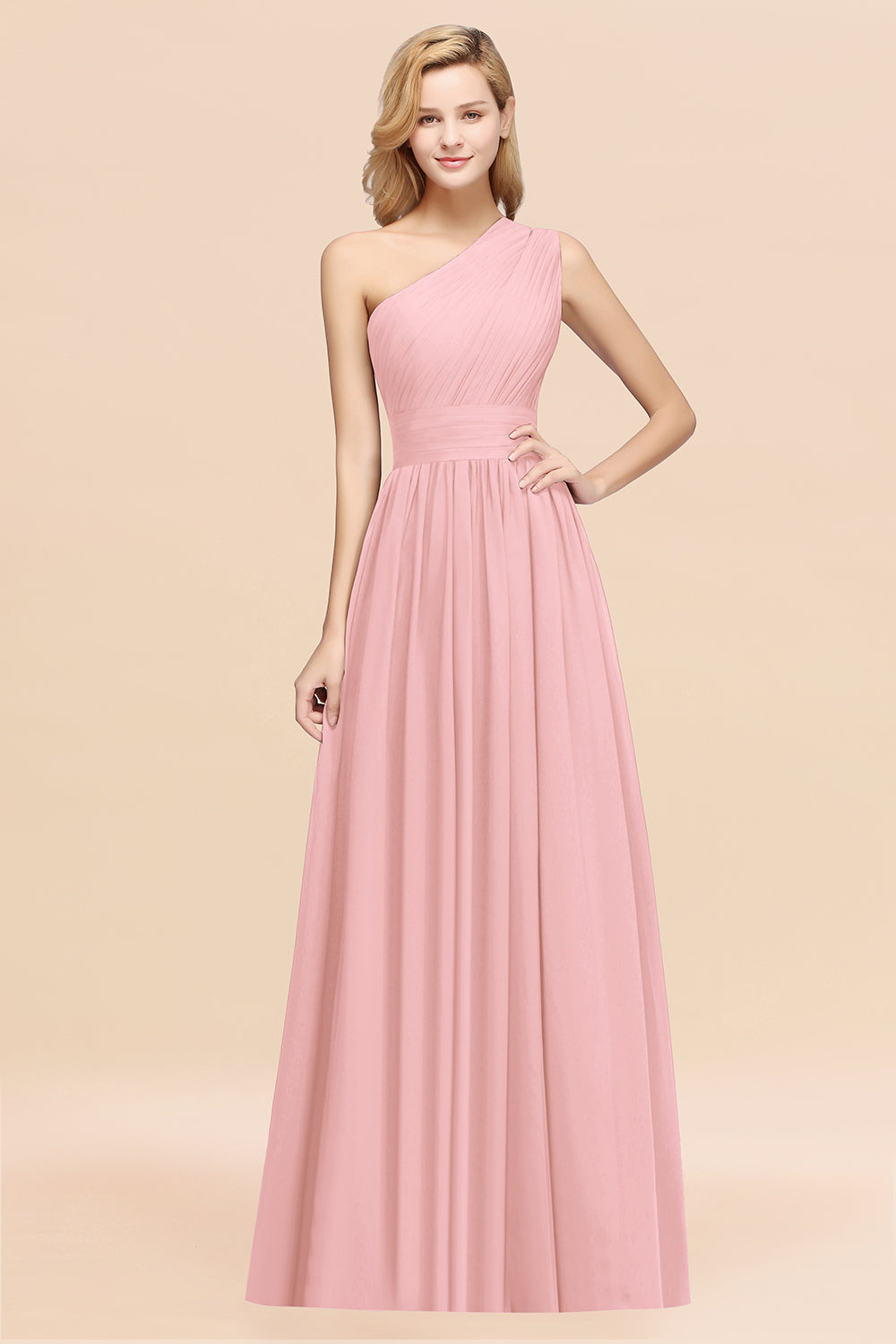 Pink One Shoulder Chiffon A-Line Long Bridesmaid Dress