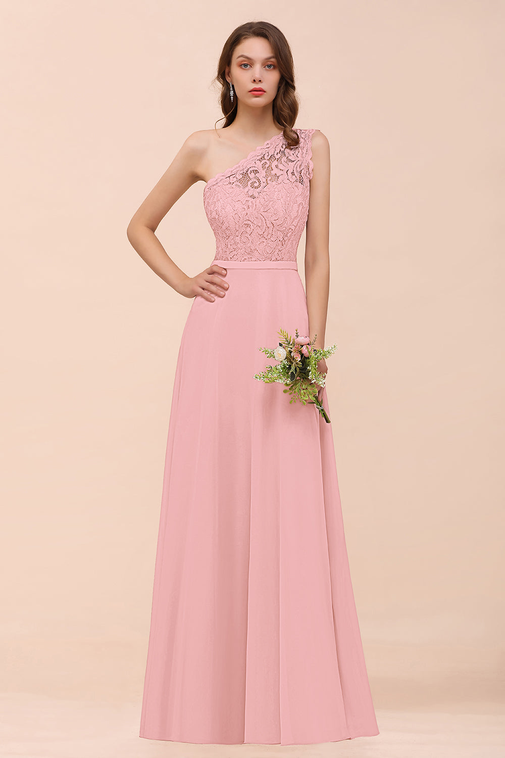 Pink One Shoulder Chiffon A-Line Long Bridesmaid Dress