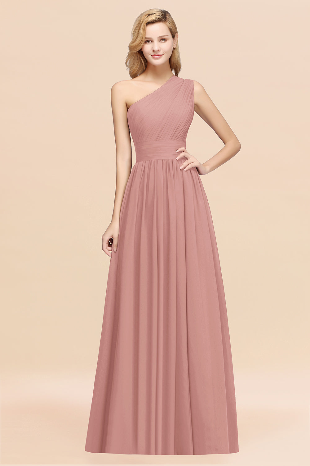 Pink One Shoulder Chiffon A-Line Long Bridesmaid Dress
