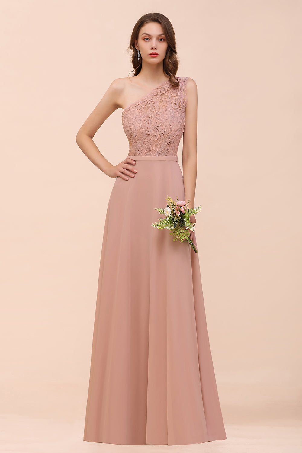 Pink One Shoulder Chiffon A-Line Long Bridesmaid Dress
