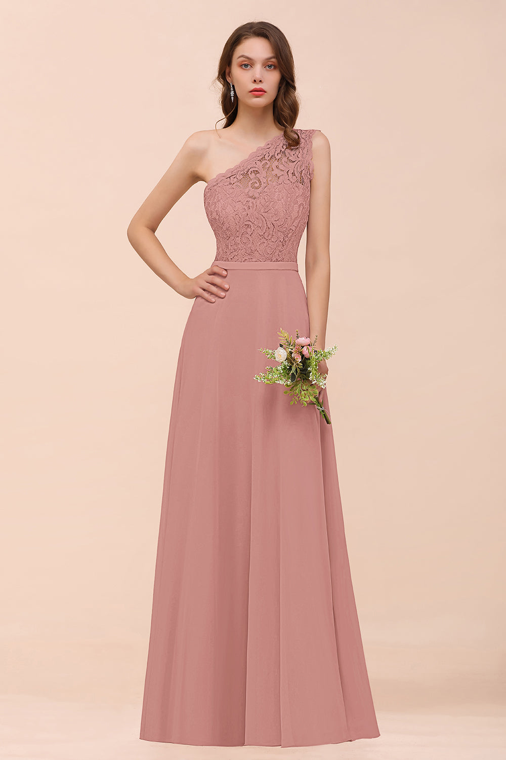 Pink One Shoulder Chiffon A-Line Long Bridesmaid Dress