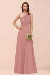 Pink One Shoulder Chiffon A-Line Long Bridesmaid Dress