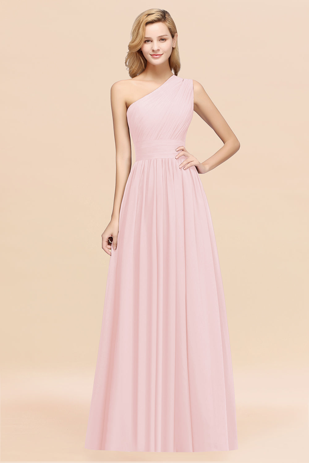 Pink One Shoulder Chiffon A-Line Long Bridesmaid Dress