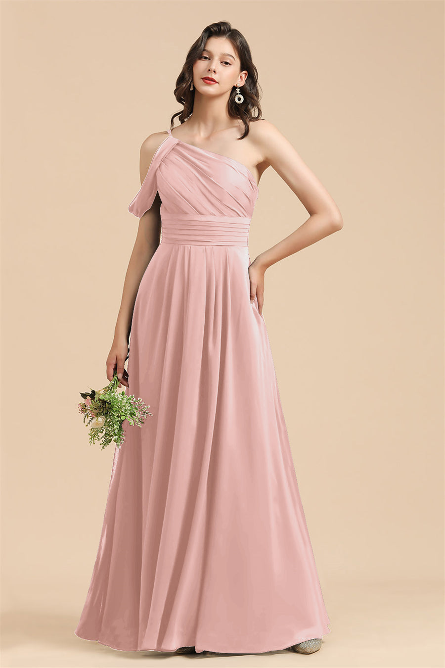Pink One Shoulder Chiffon A-Line Long Bridesmaid Dress