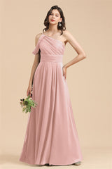 Pink One Shoulder Chiffon A-Line Long Bridesmaid Dress