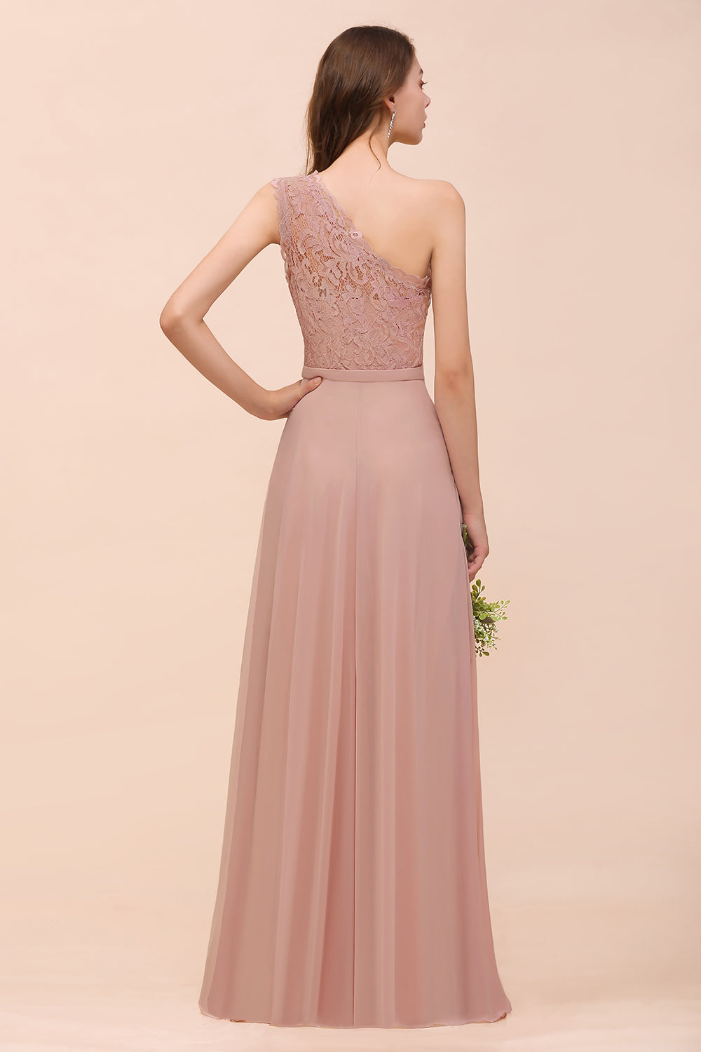 Pink One Shoulder Chiffon A-Line Long Bridesmaid Dress Back View