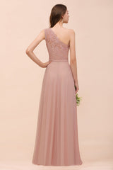 Pink One Shoulder Chiffon A-Line Long Bridesmaid Dress Back View