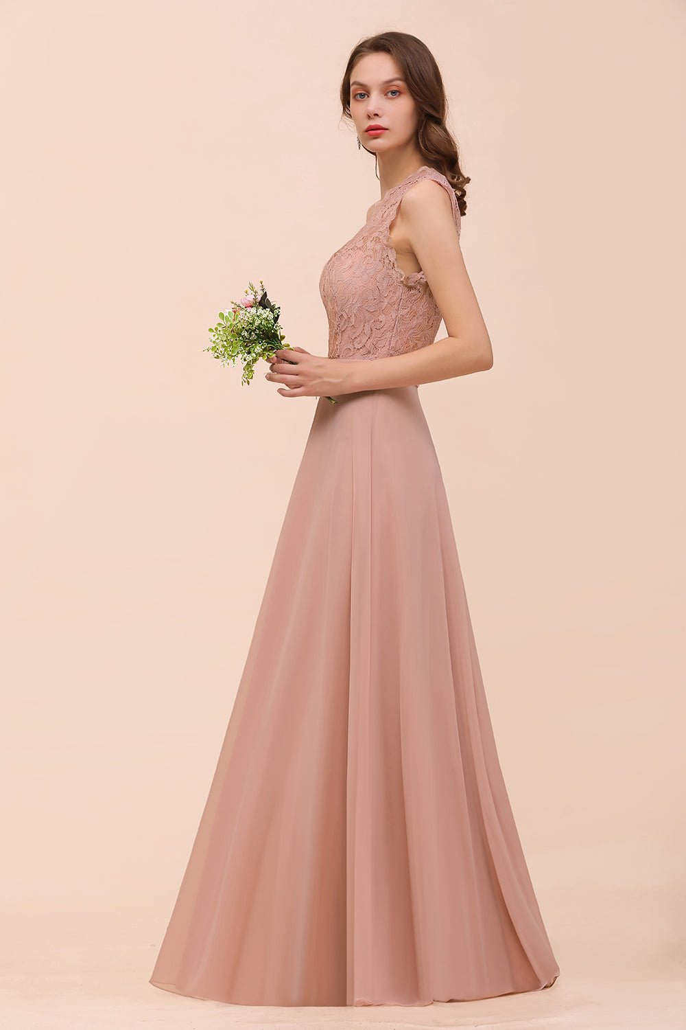Pink One Shoulder Chiffon A-Line Long Bridesmaid Dress Side View