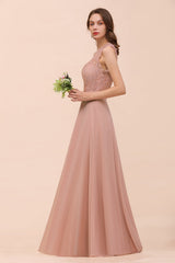 Pink One Shoulder Chiffon A-Line Long Bridesmaid Dress Side View