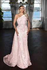 Pink One Shoulder Sequin Mermaid Long Prom Dress