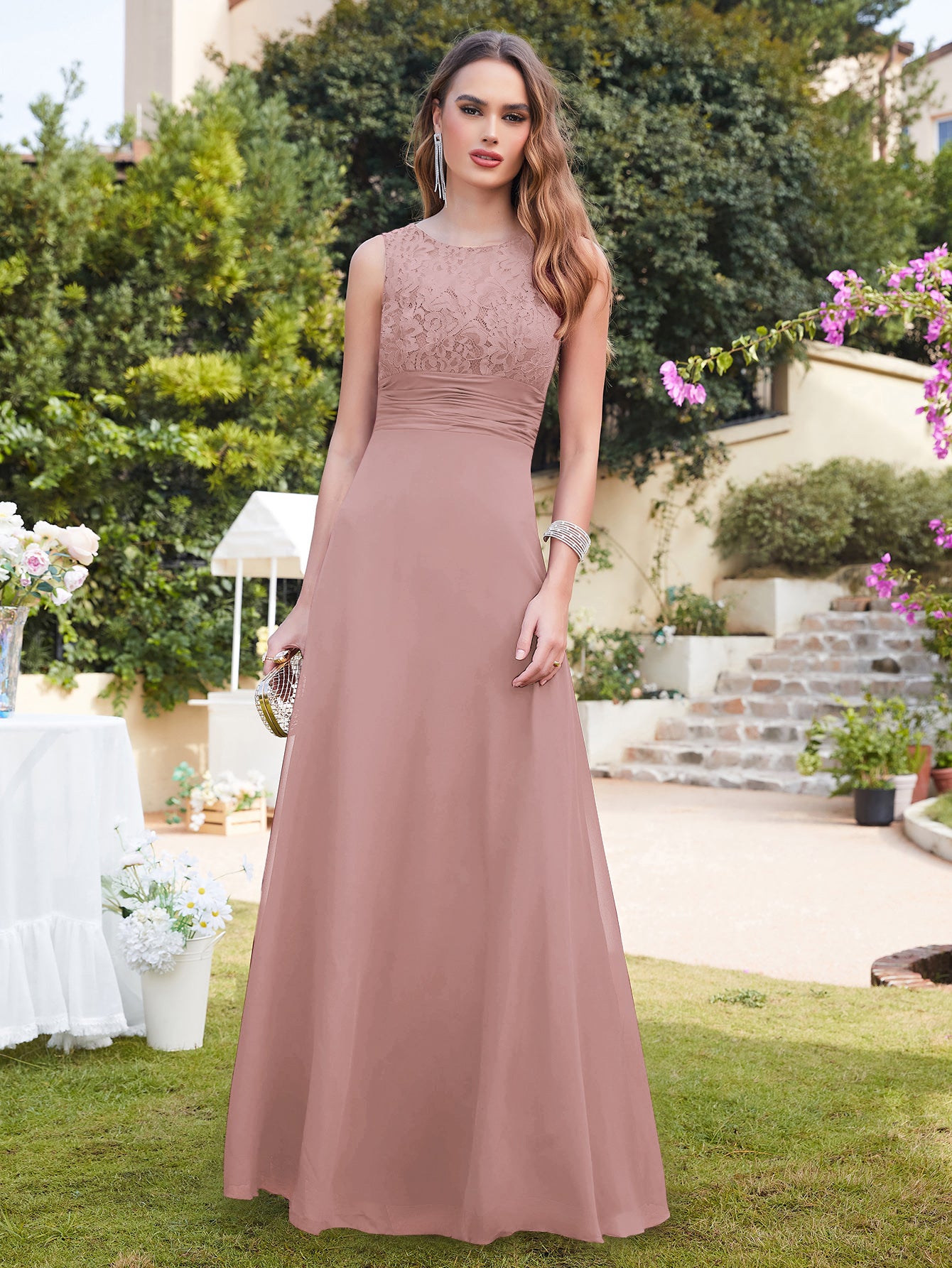Pink Scoop Neck A-Line Long Bridesmaid Dress with Lace Appliques